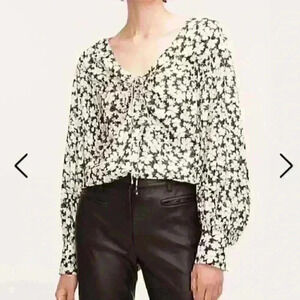Rebecca Taylor | Black & White Floral Drawstring Paige Fleur V-Neck Top Size 0